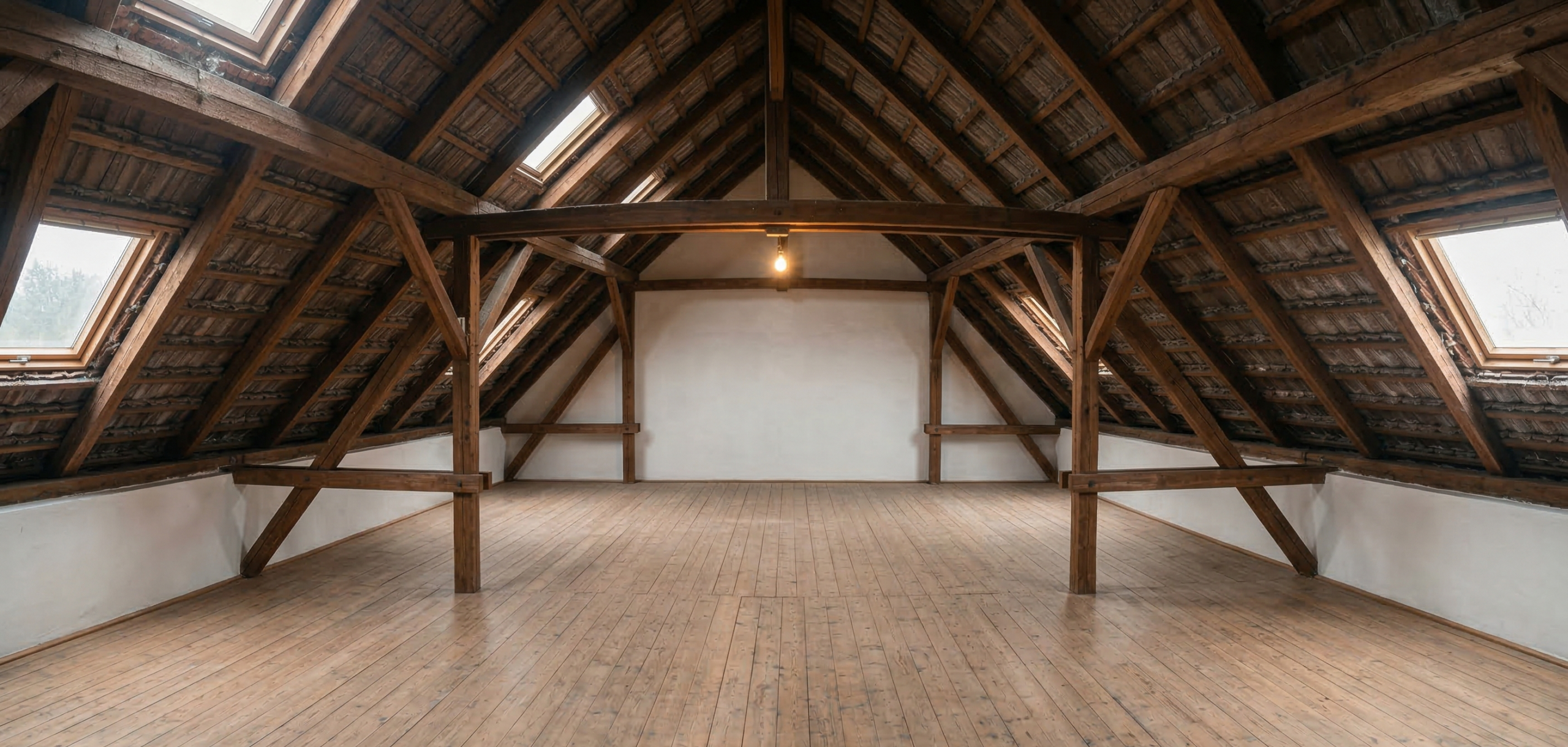 Kompletter Dachbereich nach Dachbodenentrümpelung, leergeräumt und übergabebereit