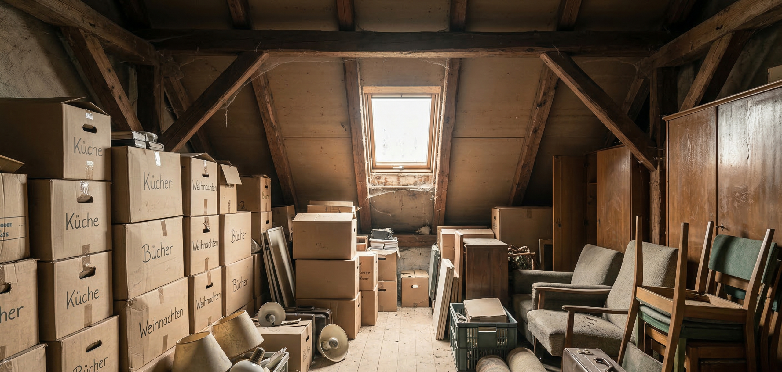 Dachboden vor der Entrümpelung mit gelagerten Möbeln, Kartons und altem Hausrat