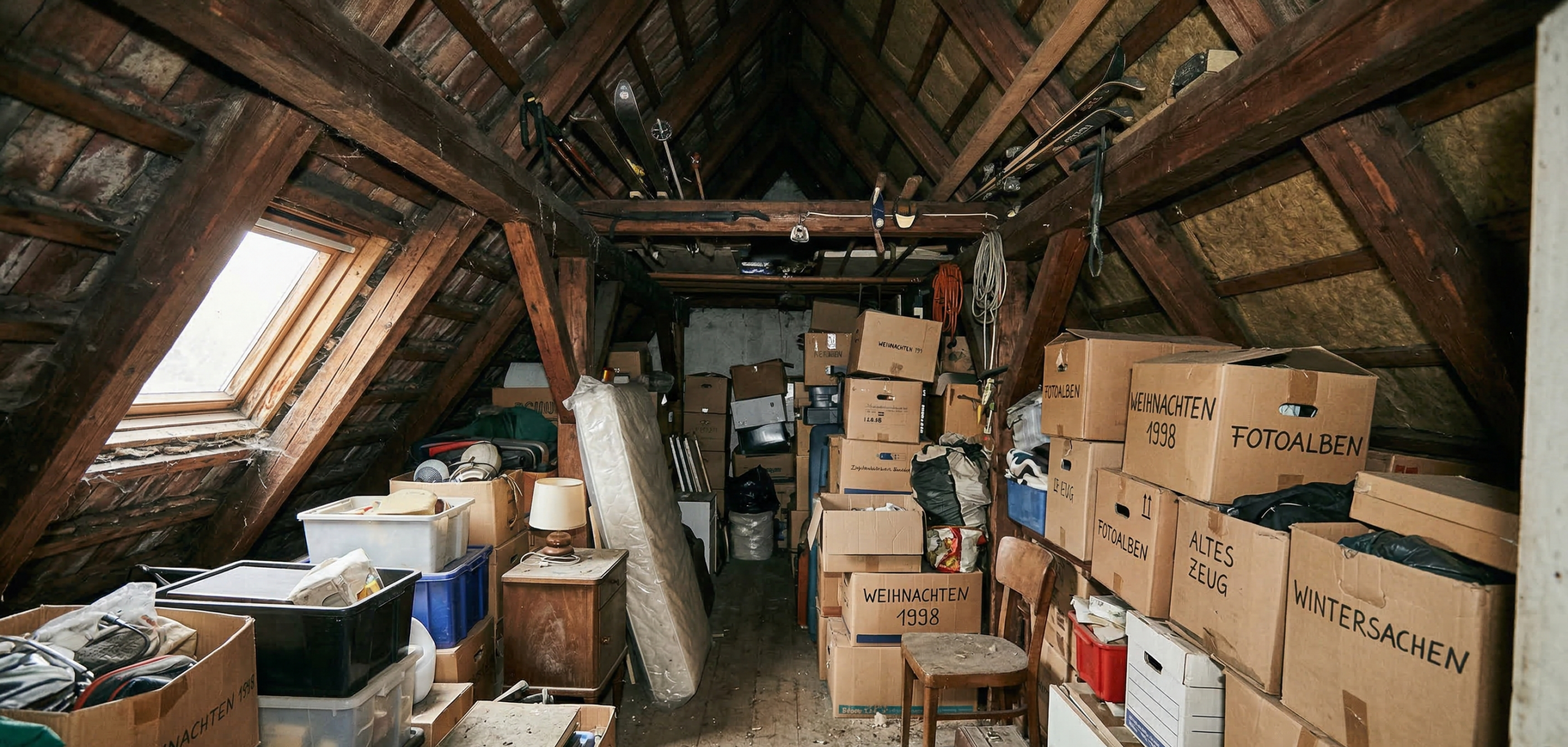 Spitzboden vor der Dachbodenentrümpelung mit Kartons, Altgeräten und Sperrmüll