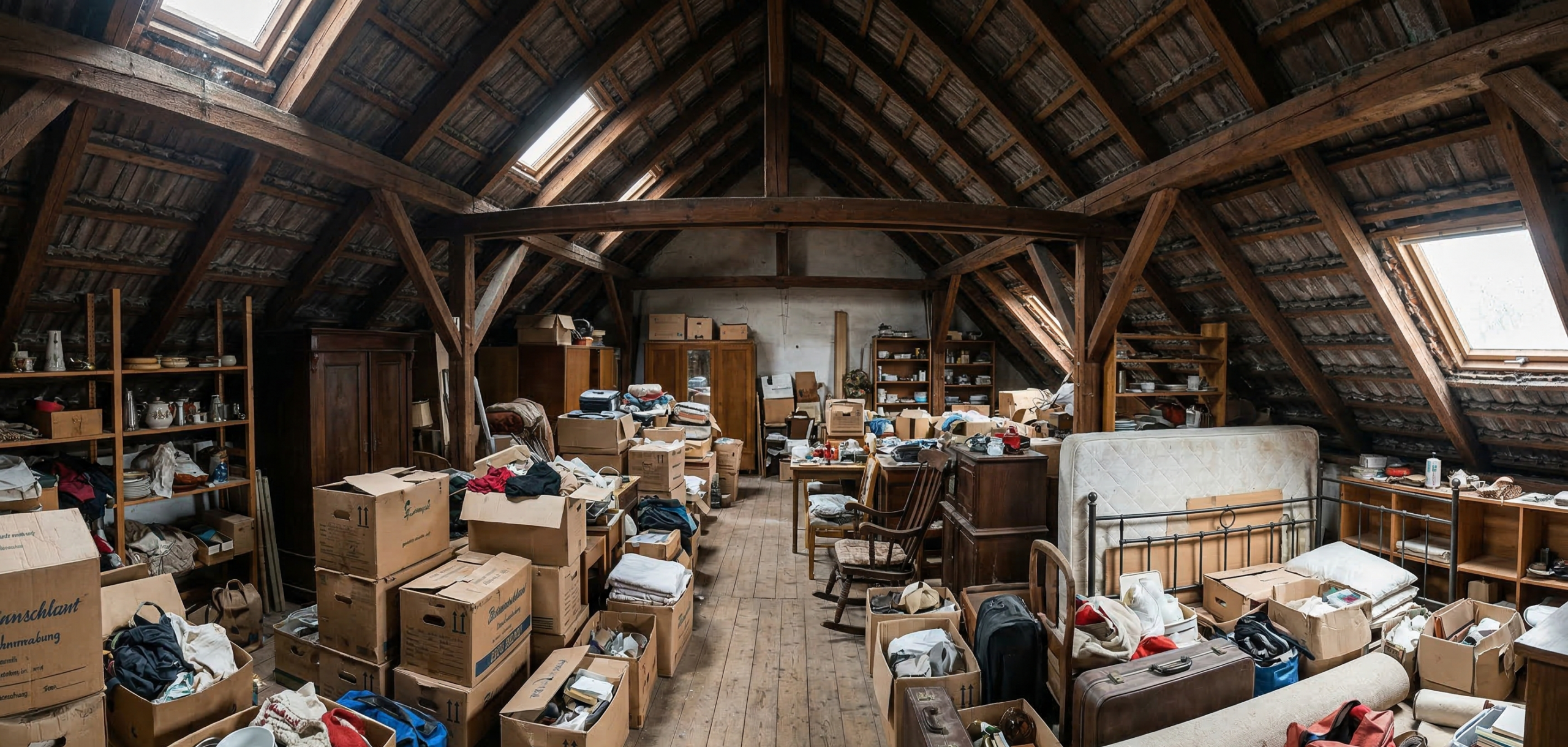 Dachbereich vor kompletter Dachbodenentrümpelung mit Inventar, Kartons und alten Möbeln