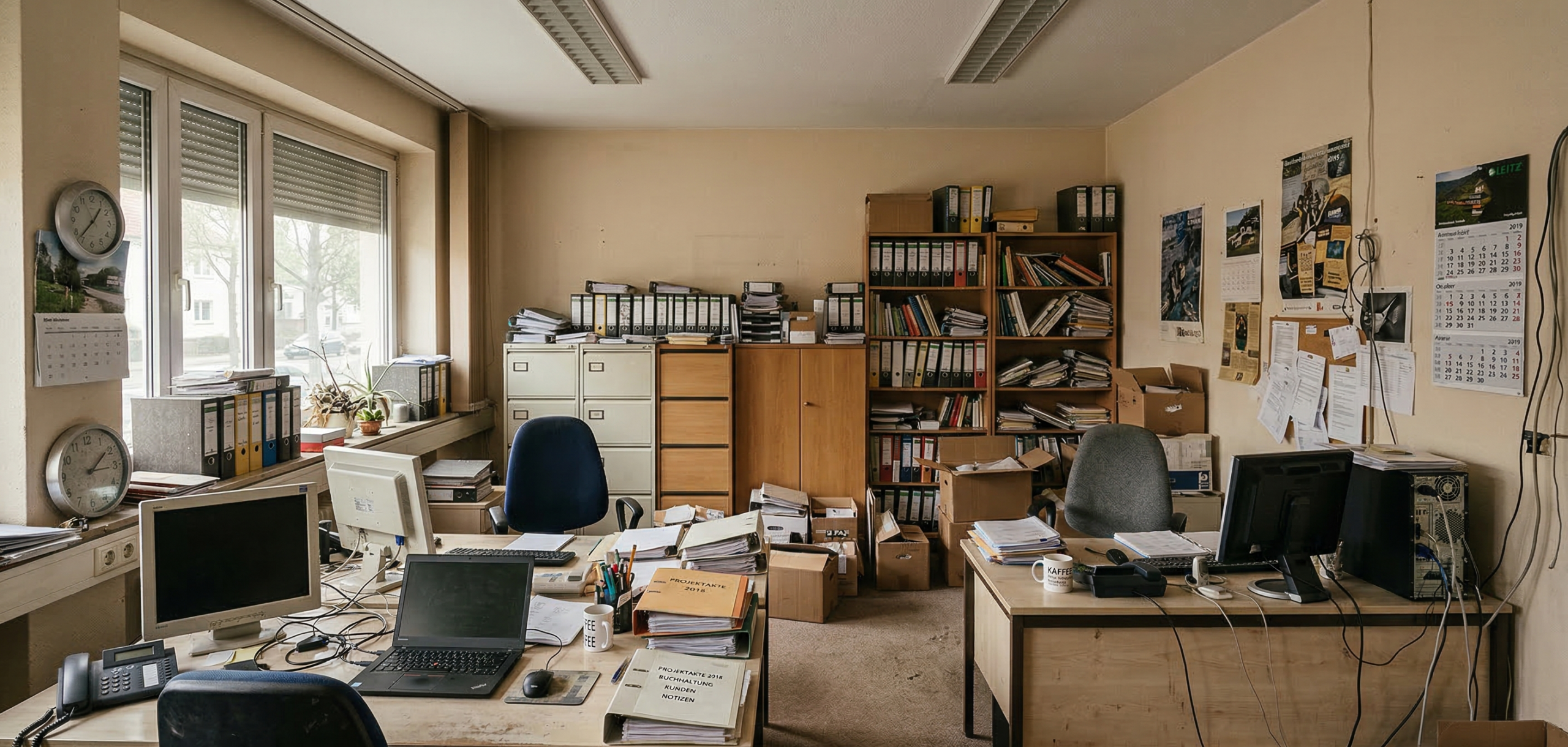 Büro vor der Firmenauflösung mit Möbeln, Akten und Inventar