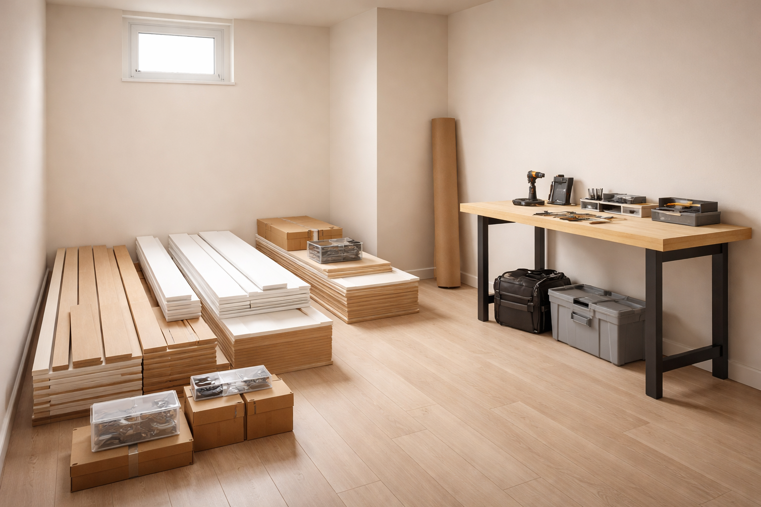 Montagevorbereitung in Essen mit organisierten Nebenflächen und vorbereiteten Möbelteilen